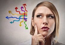 Thoughtful woman with colorful arrows representing choices and decisions