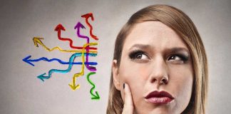 Thoughtful woman with colorful arrows representing choices and decisions