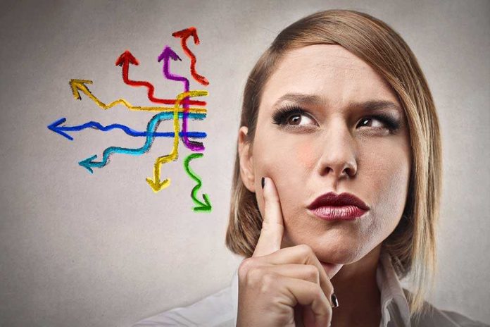 Thoughtful woman with colorful arrows representing choices and decisions