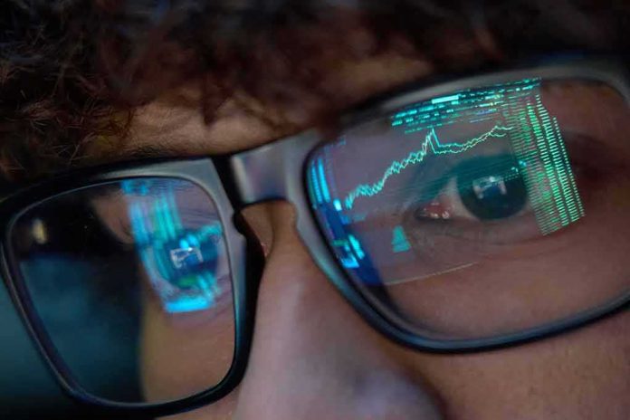 Close-up of a persons eyes with financial data reflected in their glasses