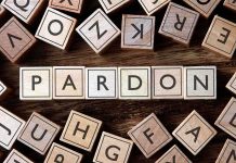 Wooden letter blocks arranged to spell PARDON on a wooden surface