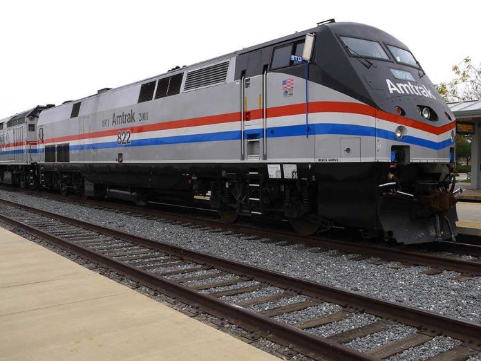 Amtrak locomotive parked at a railway station