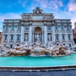 Trevi Fountain in Rome at dusk.