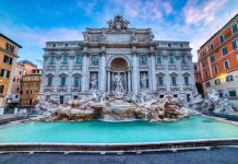 Trevi Fountain in Rome at dusk.