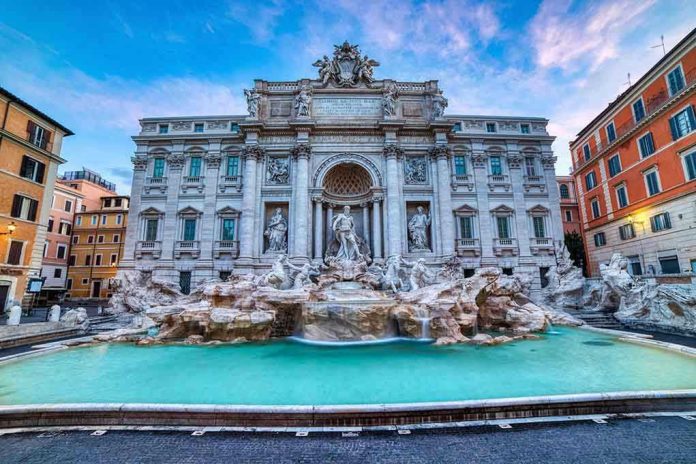 Trevi Fountain in Rome at dusk.