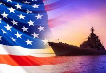 Tensions ESCALATE with Venezuela American flag overlaying warship at sunset.