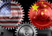 How AI Tech is Secretly Slipping to China Interlocking gears with USA and China flags.