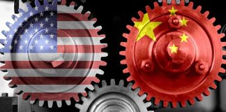 How AI Tech is Secretly Slipping to China Interlocking gears with USA and China flags.