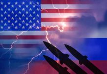 Kremlin THREATENS Trump After Deadly Clash U.S. and Russian flags with missiles and lightning.