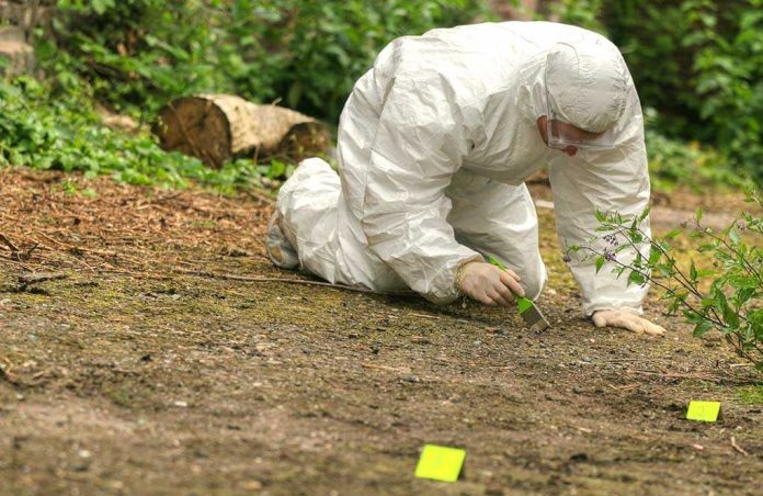 Forensic investigator in a protective suit collecting evidence from the ground