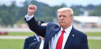 Trump Flips Off Heckler Man in suit raising fist near parked car.