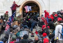 J6er Running For Office Crowd storming a building entrance with flags and signs.