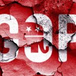 57 GOP Traitors Enable Federal Vehicle Takeover Cracked wall featuring the GOP logo in red and white