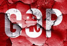 57 GOP Traitors Enable Federal Vehicle Takeover Cracked wall featuring the GOP logo in red and white