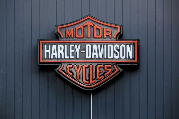 Harley-Davidson Motor Cycles logo on dark wall.