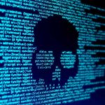 AI Revenge Porn Case Shakes Feds Blue code text with skull shape in center.