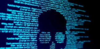 AI Revenge Porn Case Shakes Feds Blue code text with skull shape in center.