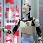 Robot extending arm in futuristic setting