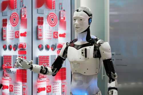 Robot extending arm in futuristic setting