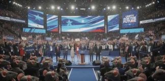 A political convention with speakers on stage and a cheering crowd holding signs and flags