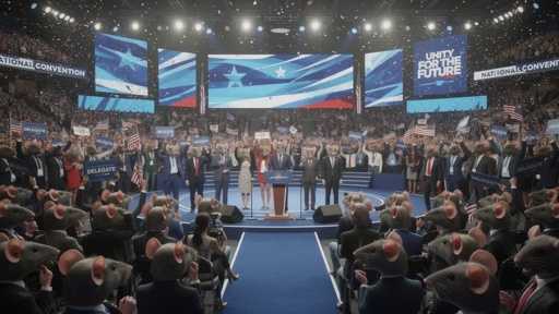 shutterstock_2771072349-1 A political convention with speakers on stage and a cheering crowd holding signs and flags