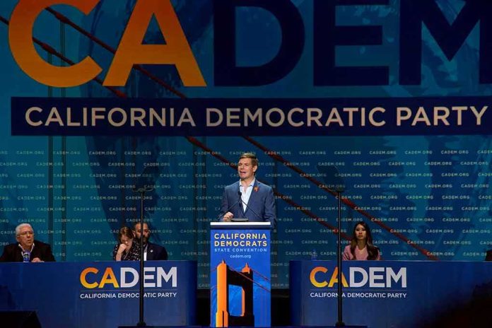 shutterstock_1414003541 Speaker at podium during California Democratic Party event