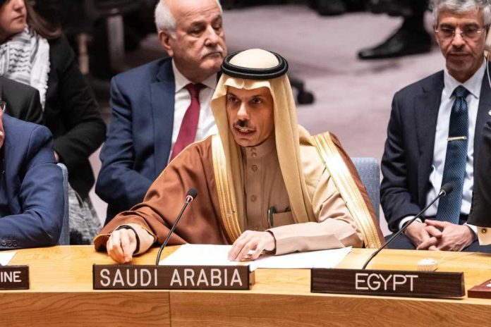 shutterstock_2394722985 Saudi Arabian representative speaking at a United Nations meeting