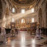 Cardinal Scandal Explodes — Vatican Goes Quiet Clergy members praying in a grand cathedral with sunlight streaming through windows