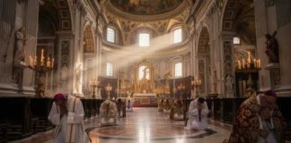 Cardinal Scandal Explodes — Vatican Goes Quiet Clergy members praying in a grand cathedral with sunlight streaming through windows