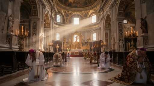 shutterstock_2762539907 Clergy members praying in a grand cathedral with sunlight streaming through windows