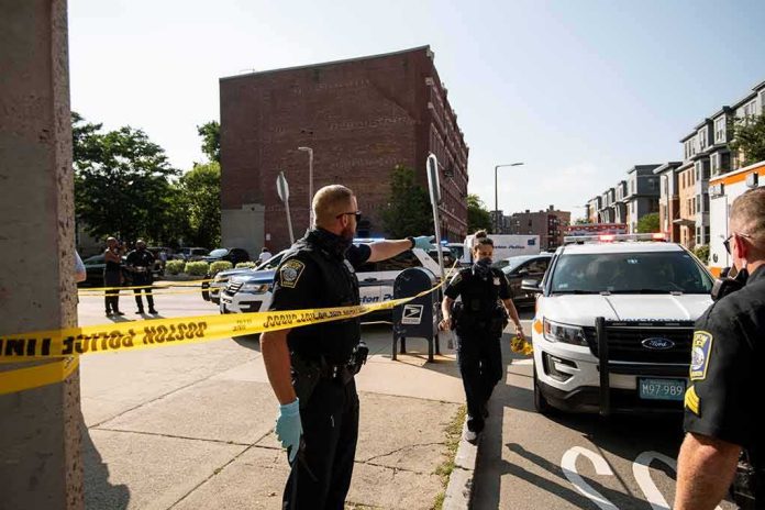 Police officers secure an urban street with yellow tape near patrol cars