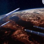SpaceX Scrap Aims For Moon Multiple rockets streak above Earth with the Moon in the background