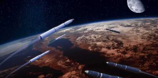 SpaceX Scrap Aims For Moon Multiple rockets streak above Earth with the Moon in the background