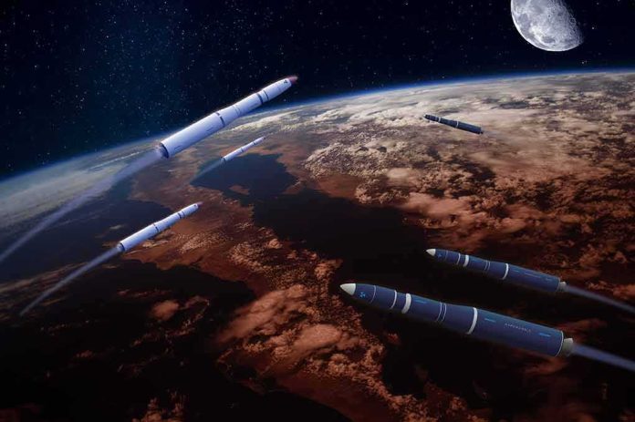 Multiple rockets streak above Earth with the Moon in the background