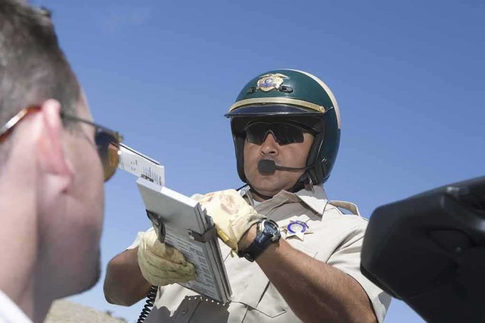 Police officer issues a traffic ticket to a driver