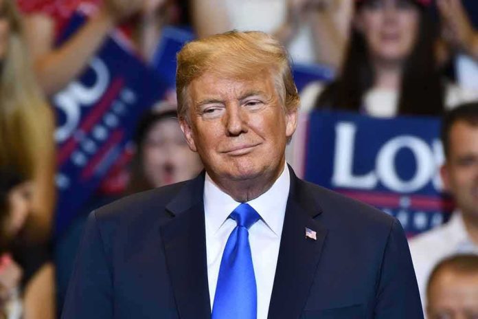 shutterstock_1148867846 Donald Trump at a rally wearing a dark suit and blue tie