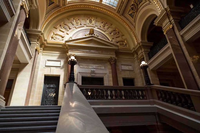 Grand courthouse interior with domed ceiling and staircase
