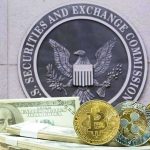 cryptocurrency coins and cash in front of SEC emblem