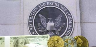 cryptocurrency coins and cash in front of SEC emblem