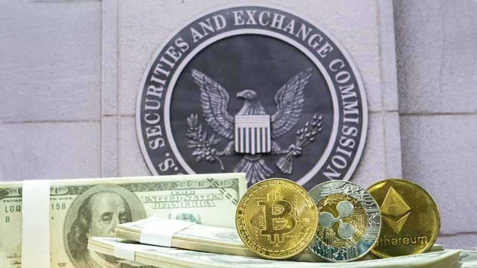 shutterstock_1398573086 cryptocurrency coins and cash in front of SEC emblem