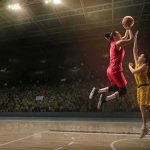 Two women playing basketball; Michelle Jenneke is not visible