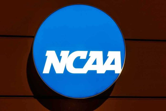 shutterstock_1419645980-1 NCAA logo on a blue circular sign