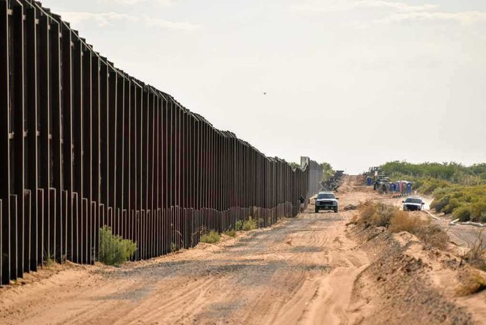 Border fence beside a dusty desert road with trucks