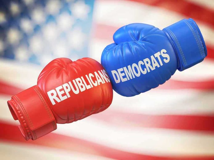 Boxing gloves labeled Republicans and Democrats bump together