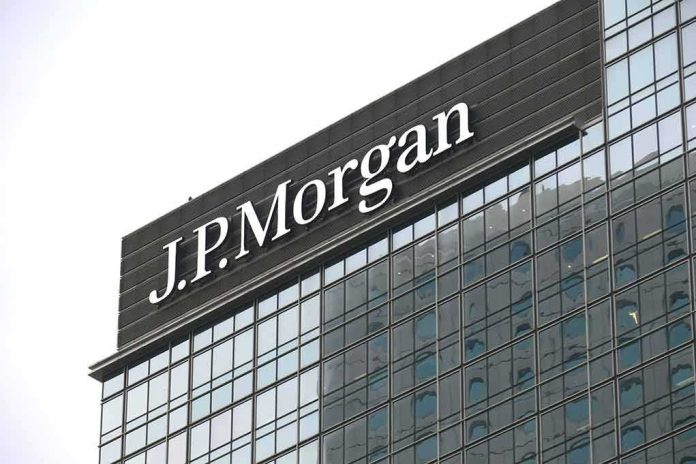 shutterstock_1741051700 J.P. Morgan logo on a modern glass office tower