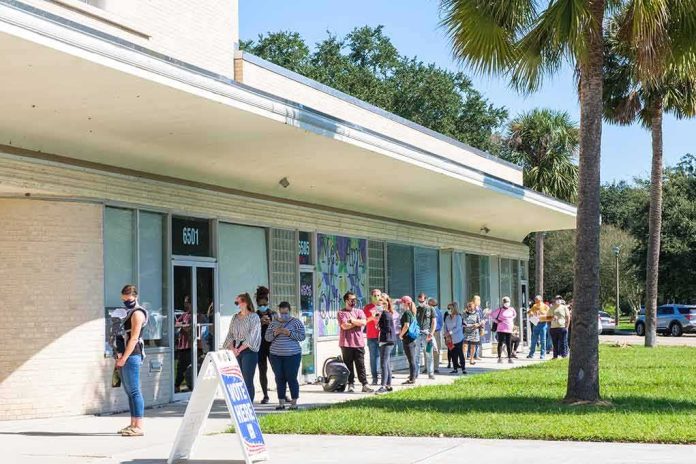 People lined up outside a building to vote