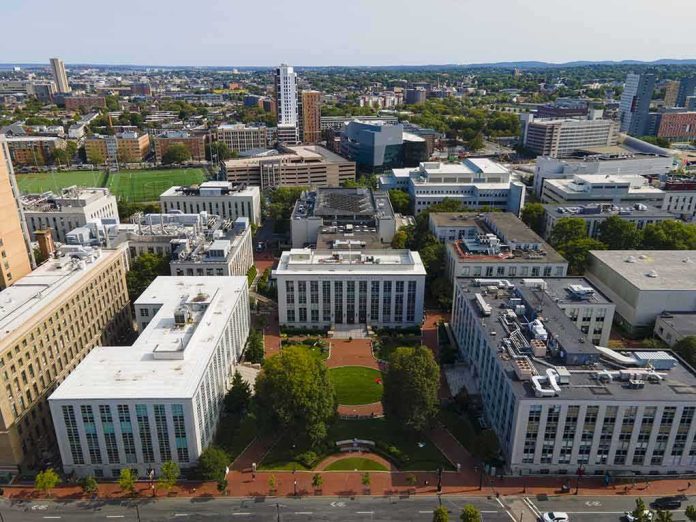 aerial view of a university campus quad with surrounding academic buildings