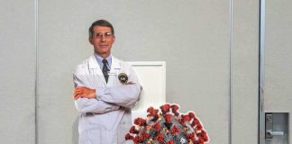 How Will History Remember Anthony Fauci? Cardboard cutout of doctor with COVID-19 virus info display