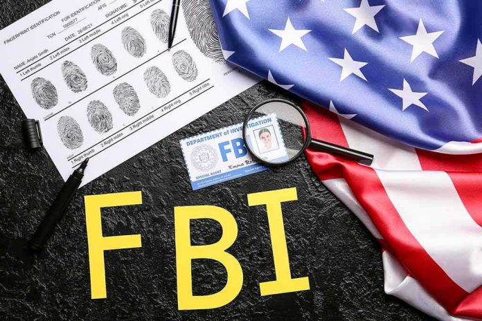 shutterstock_2202034347-1 FBI letters with fingerprint sheet, badge, magnifying glass, and US flag