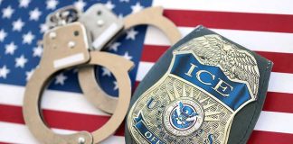 Private Blacklist Accused of Reaching Into Federal Investigations ICE officer badge and handcuffs on an American flag